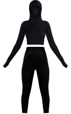 PRETTYLITTLETHING Black Ski Seamless Hooded Top & Leggings Set
