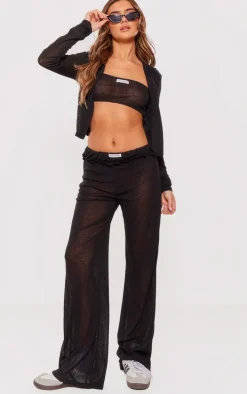 PRETTYLITTLETHING Black Sheer Burnout Mesh Straight Leg Pants