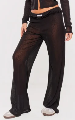 PRETTYLITTLETHING Black Sheer Burnout Mesh Straight Leg Pants