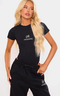 PRETTYLITTLETHING Black Silver Logo Short Sleeved Bodysuit