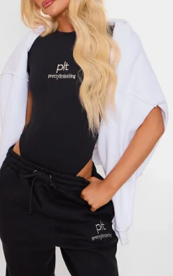 PRETTYLITTLETHING Black Silver Logo Short Sleeved Bodysuit
