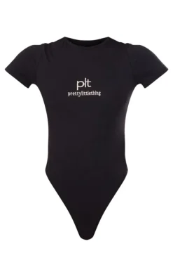PRETTYLITTLETHING Black Silver Logo Short Sleeved Bodysuit
