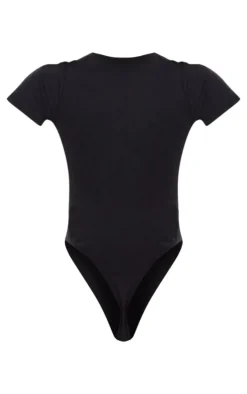 PRETTYLITTLETHING Black Silver Logo Short Sleeved Bodysuit