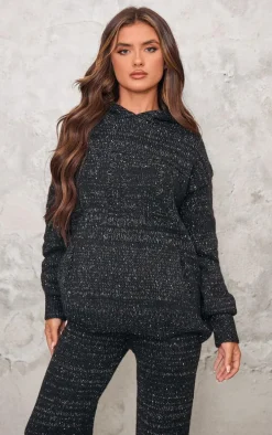 PRETTYLITTLETHING Black Space Dye Oversized Knitted Hoodie