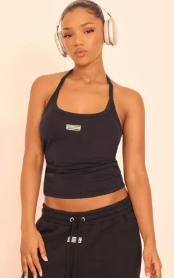 PRETTYLITTLETHING Black Tab Halterneck Cotton Top