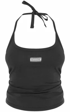 PRETTYLITTLETHING Black Tab Halterneck Cotton Top