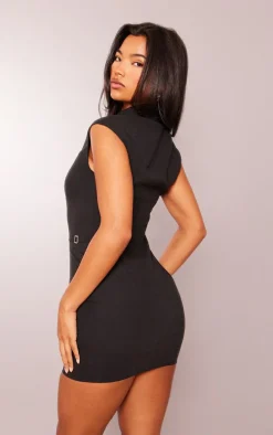 PRETTYLITTLETHING Black Zip Up Buckle Bodycon Dress