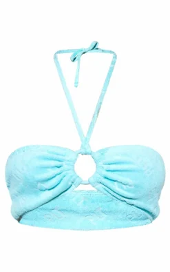 PRETTYLITTLETHING Blue Burnout Towelling Ring Halter Neck Bikini Top