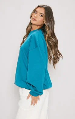 PRETTYLITTLETHING Blue Embroidered Gathered Hem Sweatshirt
