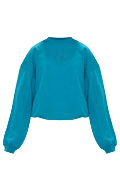 PRETTYLITTLETHING Blue Embroidered Gathered Hem Sweatshirt