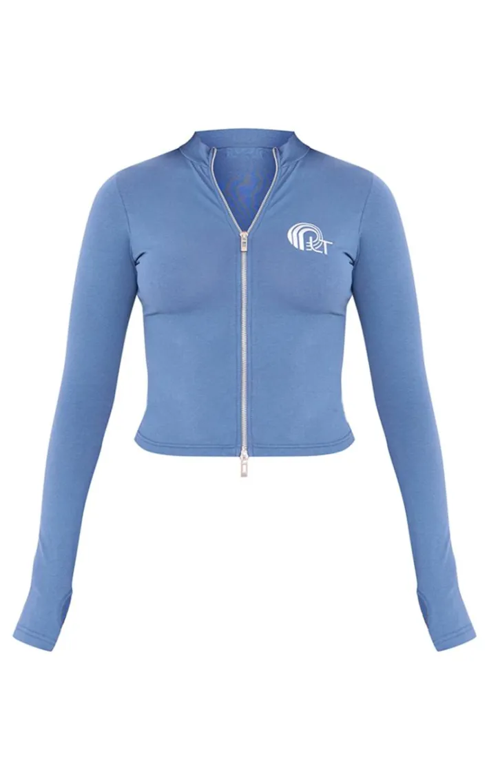 PRETTYLITTLETHING Blue Embroidered Graphic Zip Up Long Top