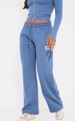 PRETTYLITTLETHING Blue Embroidered Graphic Wide Leg Sweatpants