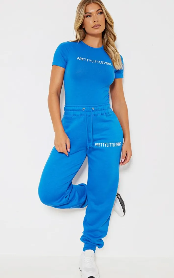 PRETTYLITTLETHING Blue Logo High Waisted Cuffed Sweatpants