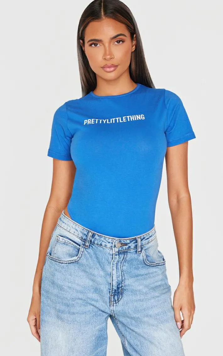 PRETTYLITTLETHING Blue Logo Short Sleeved Bodysuit