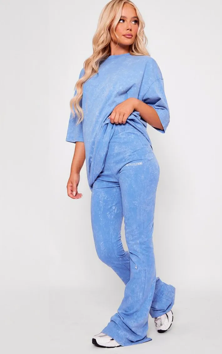 PRETTYLITTLETHING Blue Print Washed High Waist Flared Pants