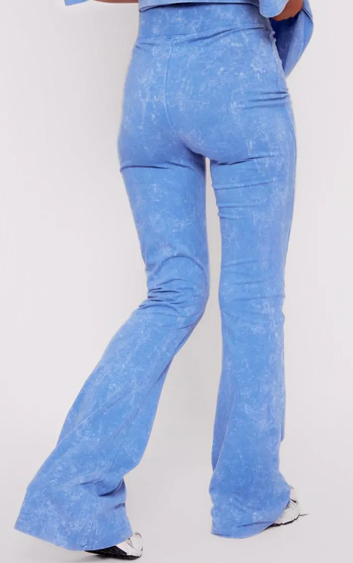 PRETTYLITTLETHING Blue Print Washed High Waist Flared Pants