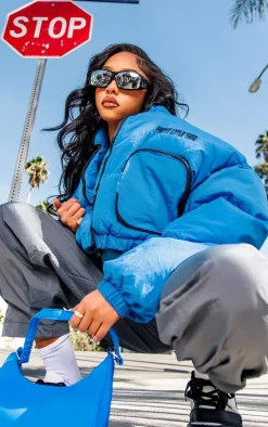 PRETTYLITTLETHING Blue Utility Pocket Detail Cropped Bomber