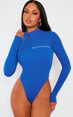 PRETTYLITTLETHING Bright Blue Rib Half Zip Bodysuit