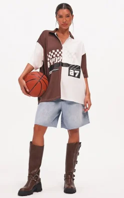 PRETTYLITTLETHING Brown Zip Up Short Sleeve Football Shirt