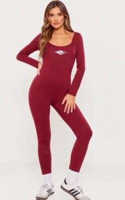 PRETTYLITTLETHING Burgundy Embroidered Scoop Neck Jumpsuit
