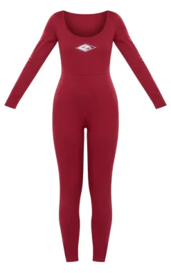 PRETTYLITTLETHING Burgundy Embroidered Scoop Neck Jumpsuit