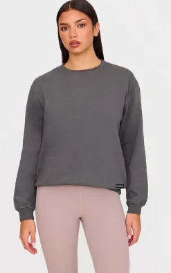 PRETTYLITTLETHING Charcoal Badge Detail Sport Sweatshirt