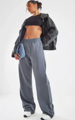 PRETTYLITTLETHING Charcoal Embroidered Wide Leg Sweatpants