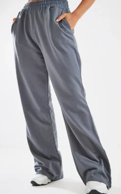 PRETTYLITTLETHING Charcoal Embroidered Wide Leg Sweatpants