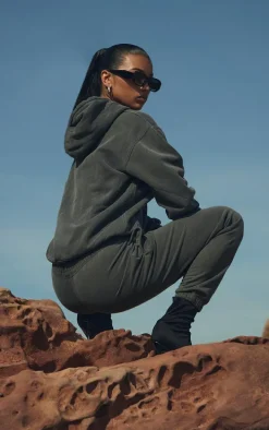 PRETTYLITTLETHING Charcoal Grey Washed Oversized Sport Trek Sweatpants