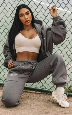 PRETTYLITTLETHING Charcoal Sport Rib Pocket Zip Through Jacket