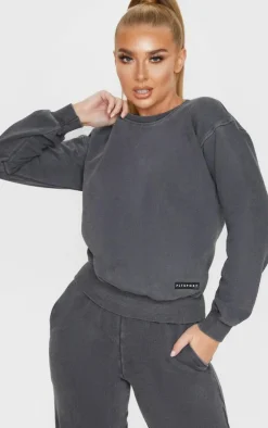 PRETTYLITTLETHING Charcoal Badge Detail Sports Sweatshirt