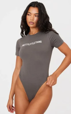 PRETTYLITTLETHING Charcoal Logo Short Sleeved Bodysuit