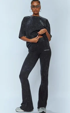 PRETTYLITTLETHING Charcoal Print Washed High Waist Flared Pants