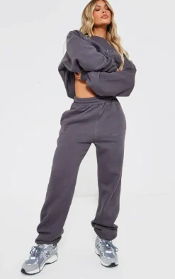 PRETTYLITTLETHING Charcoal Embroidered Oversized Cuffed Sweatpants