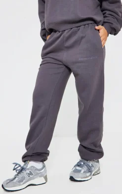 PRETTYLITTLETHING Charcoal Embroidered Oversized Cuffed Sweatpants