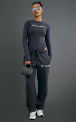 PRETTYLITTLETHING Charcoal Logo Print Straight Leg Sweatpants