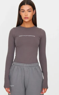 PRETTYLITTLETHING Charcoal Logo Print Long Sleeve Bodysuit