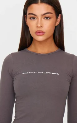 PRETTYLITTLETHING Charcoal Logo Print Long Sleeve Bodysuit