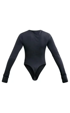 PRETTYLITTLETHING Charcoal Logo Print Long Sleeve Bodysuit