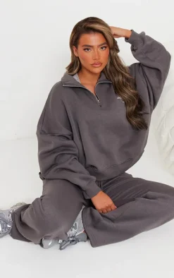 PRETTYLITTLETHING Charcoal Logo Embroidered Half Zip Sweatshirt