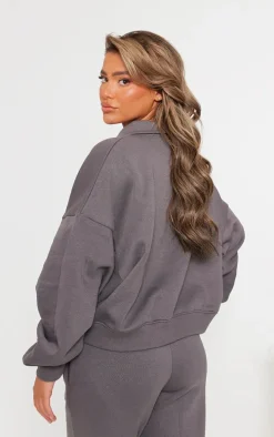 PRETTYLITTLETHING Charcoal Logo Embroidered Half Zip Sweatshirt