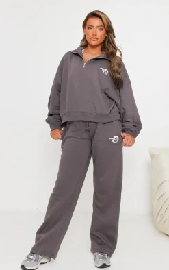 PRETTYLITTLETHING Charcoal Logo Embroidered Wide Leg Sweatpants
