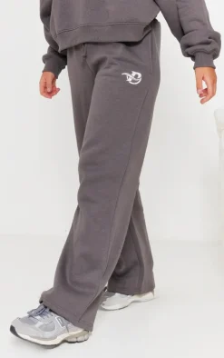 PRETTYLITTLETHING Charcoal Logo Embroidered Wide Leg Sweatpants