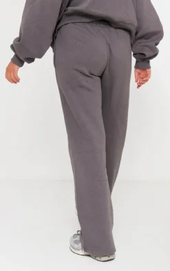 PRETTYLITTLETHING Charcoal Logo Embroidered Wide Leg Sweatpants