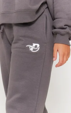 PRETTYLITTLETHING Charcoal Logo Embroidered Wide Leg Sweatpants