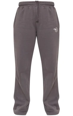 PRETTYLITTLETHING Charcoal Logo Embroidered Wide Leg Sweatpants