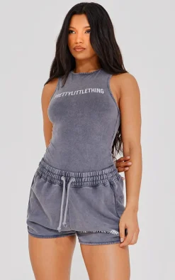 PRETTYLITTLETHING Charcoal Wash High Waisted Runner Shorts