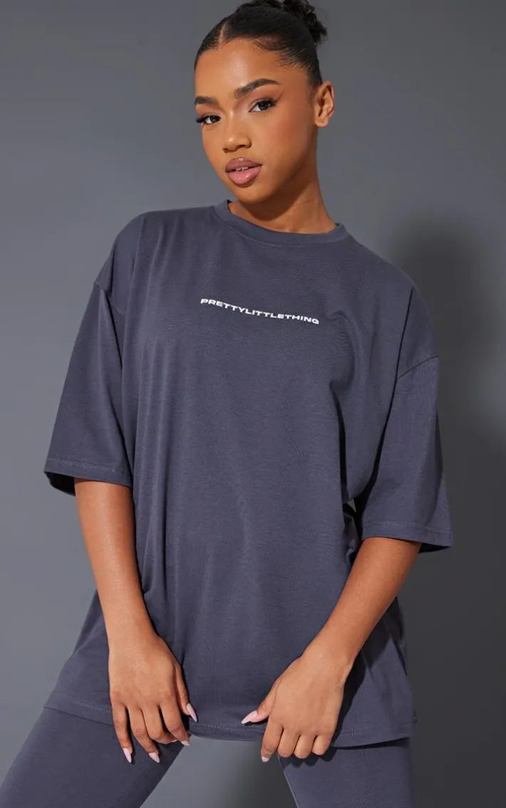 PRETTYLITTLETHING Charcoal Printed Oversized T-shirt
