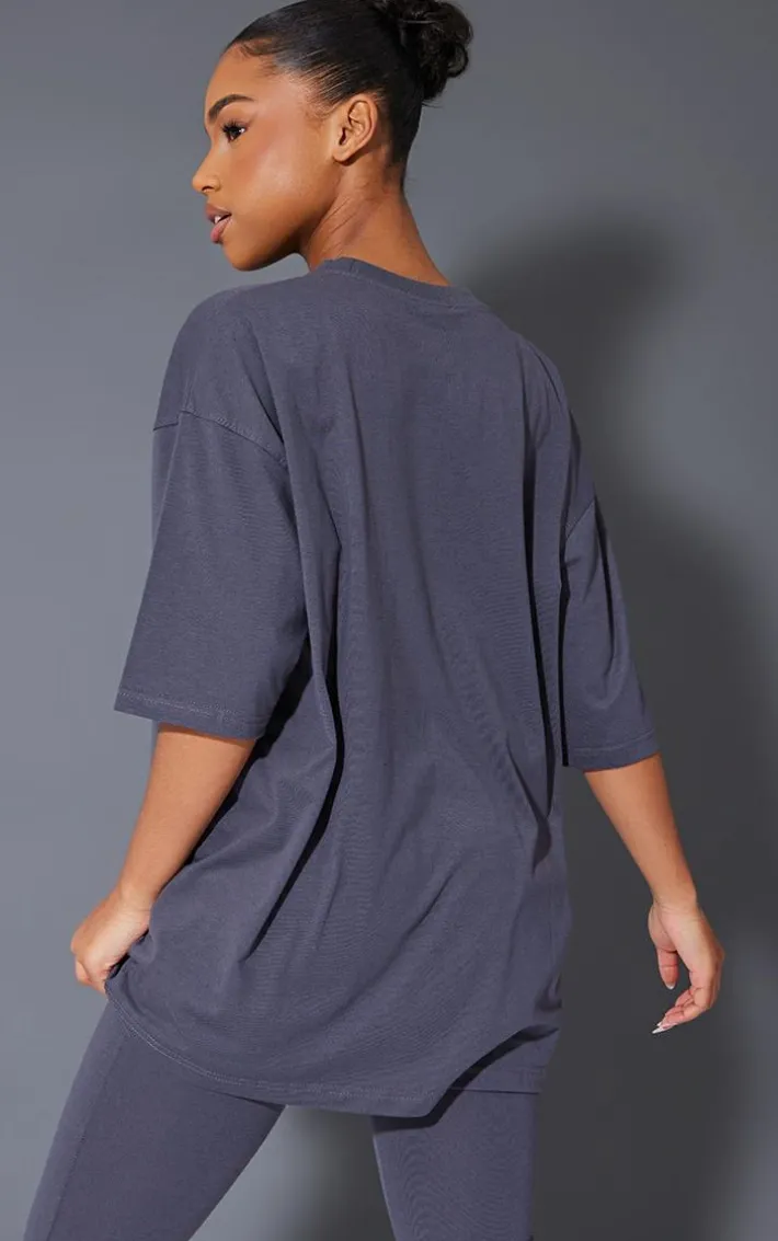 PRETTYLITTLETHING Charcoal Printed Oversized T-shirt