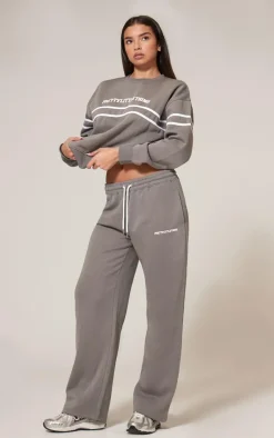 PRETTYLITTLETHING Charcoal Contrast Print Wide Leg Sweatpants